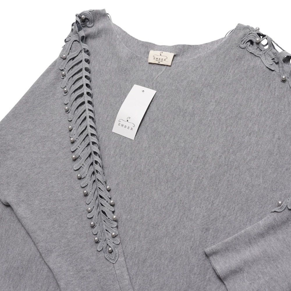 Ember Womens 3X‎ Gray Pearl Cutout Sleeve Pullover Sweater Top